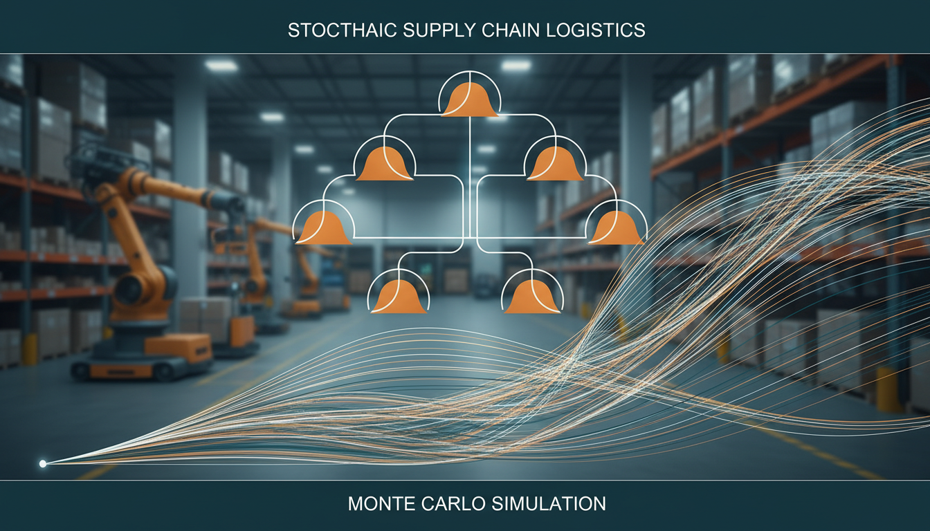 Stochastic modeling and Monte Carlo simulation visualization for supply chain logistics decision trees with probability distributions showing operations research methodology for high-value cargo routing
