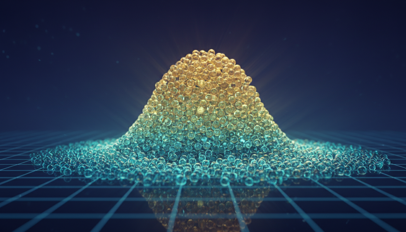 3D render of illuminated glass spheres forming a Gaussian distribution curve visualizing probability density functions for stochastic mathematical modeling and seasonal demand forecasting