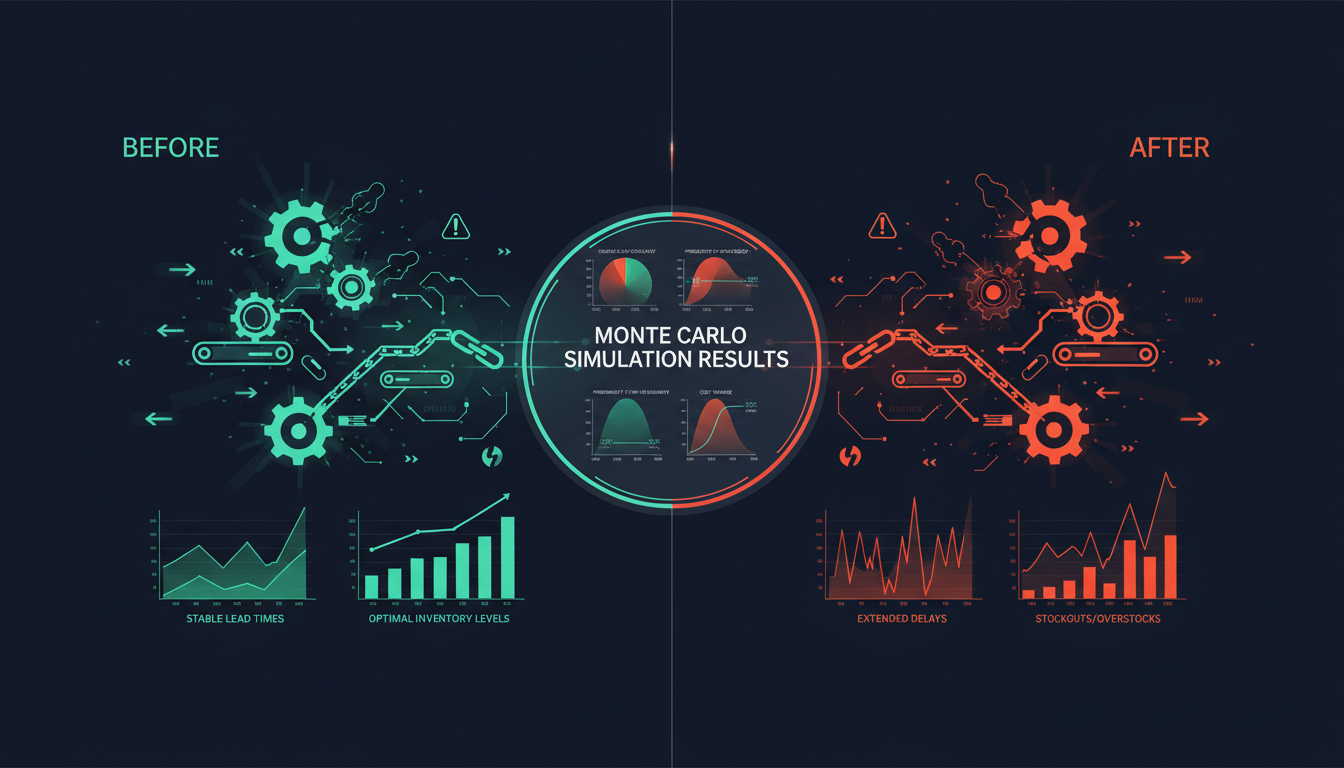 Monte Carlo simulation for supply chain disruption impact analysis showing probability distributions, volatile demand scenarios, and inventory optimization dashboard for operations research safety stock strategy