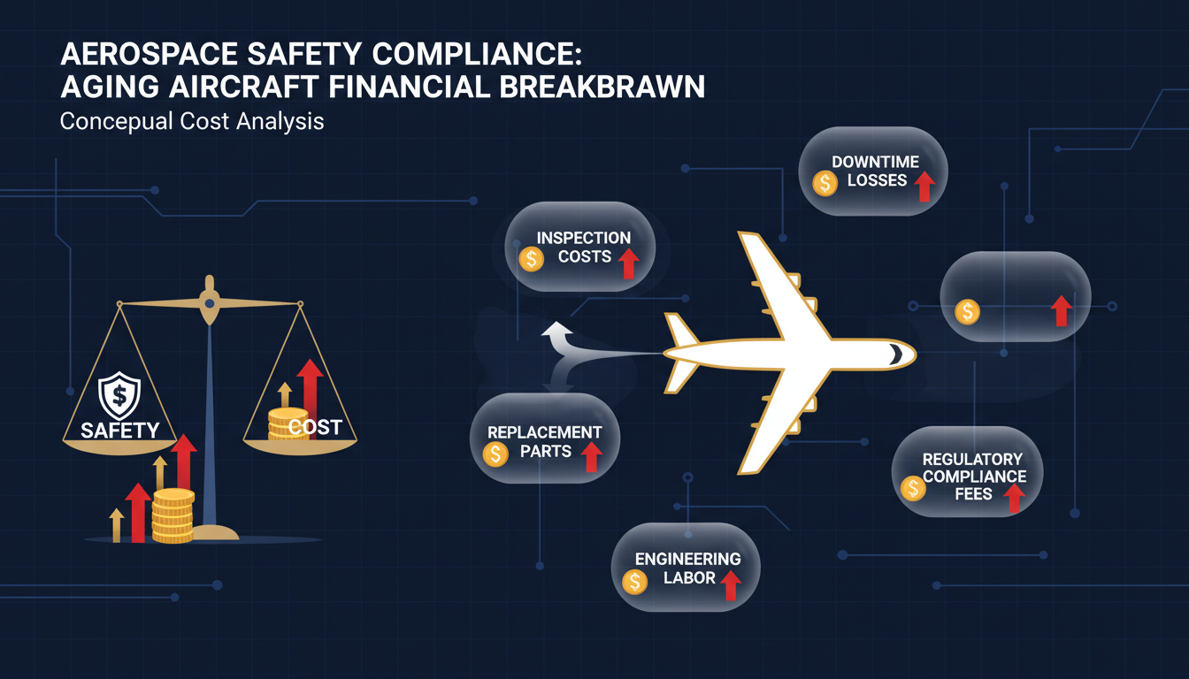 Conceptual infographic showing financial cost breakdown of aerospace safety compliance for aging aircraft including inspection costs, downtime losses, regulatory fees, and engineering labor — aviation MRO economics visualization