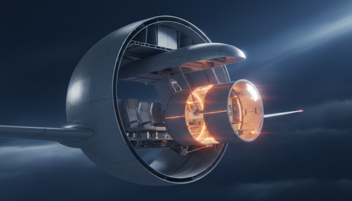 3D photorealistic cross-section render of a detachable aviation rescue capsule separating from a commercial jet fuselage, highlighting aviation rescue capsule economics and aerospace safety engineering innovation