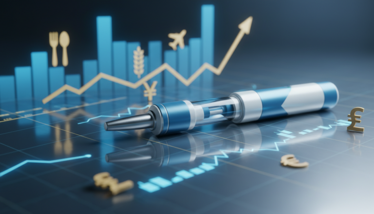 Ozempic weight loss pen semaglutide injection device on financial charts showing pharmaceutical industry disruption and GLP-1 market impact on global economy