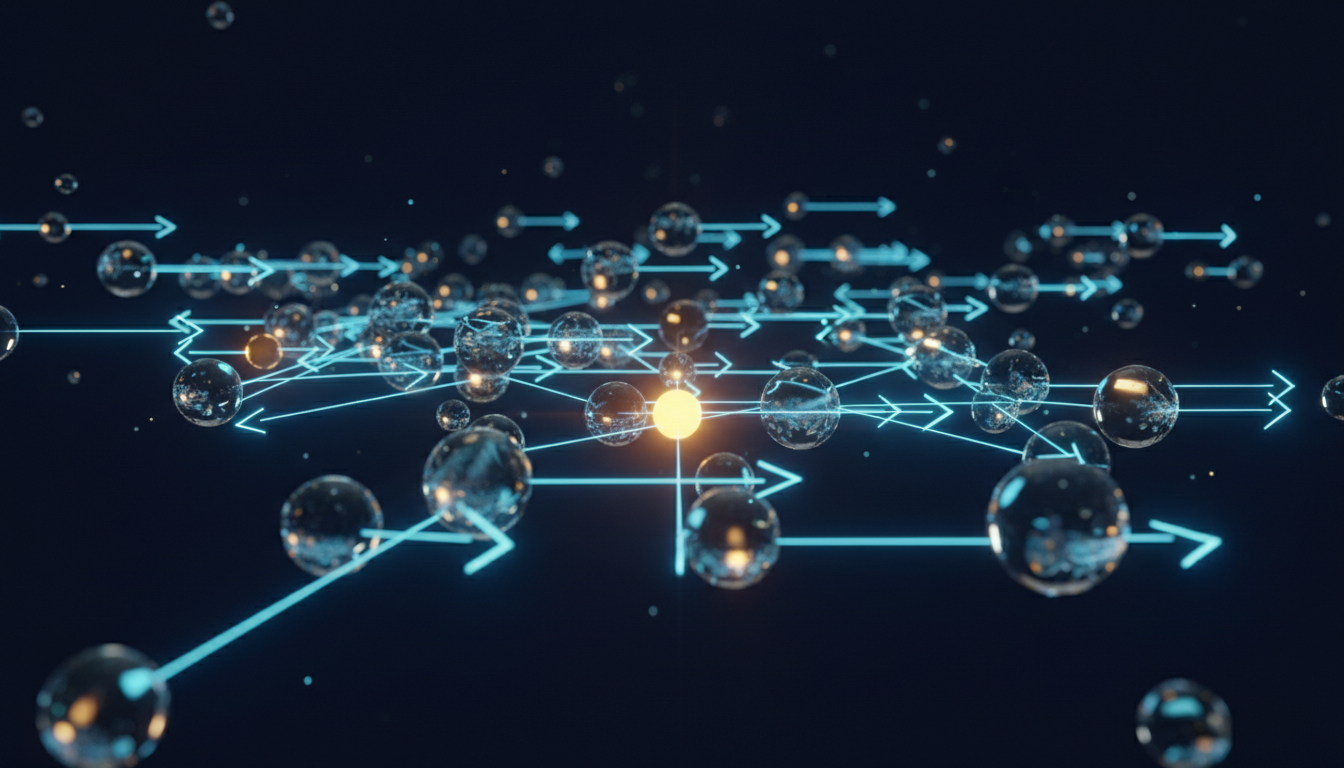 Glowing network nodes and directed edges representing Markov Chain state transitions for stochastic mathematical modeling in industrial demand forecasting and operations research