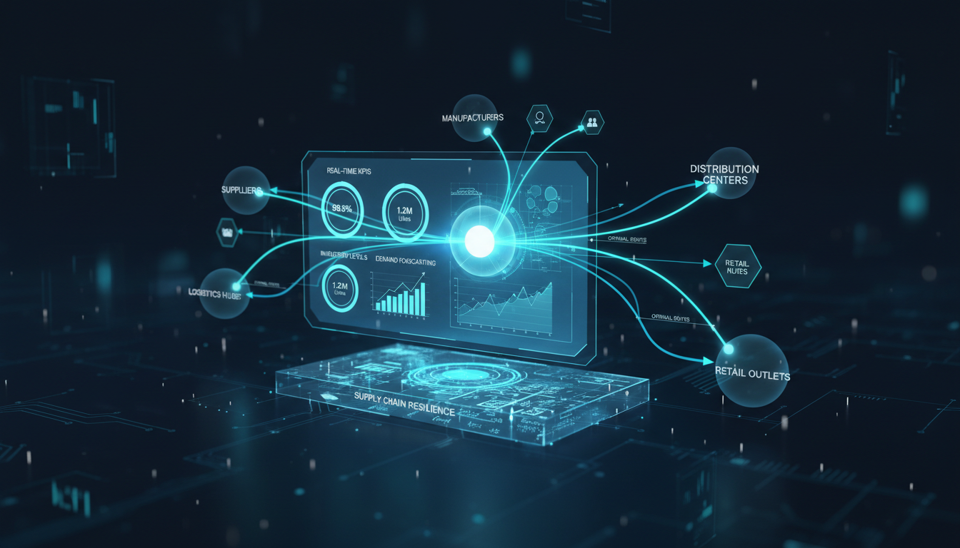 Multi-echelon supply chain optimization network showing interconnected suppliers manufacturers and distribution nodes with algorithmic routing and real-time KPI dashboards for resilient inventory management and quantitative safety stock strategy