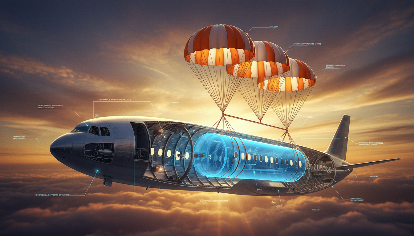 Cutaway diagram of the Tatarenko detachable passenger cabin concept showing the aviation rescue capsule separating from the aircraft fuselage with parachute systems — aerospace safety engineering, detachable cabin design