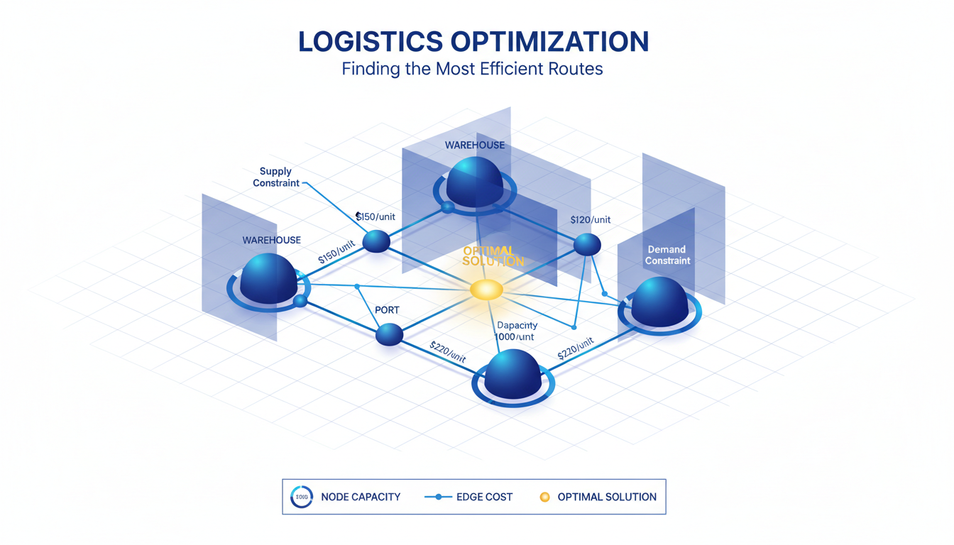 Network graph visualization showing mathematical optimization of global routing with weighted edges representing logistics costs between warehouse nodes and distribution centers for operations research