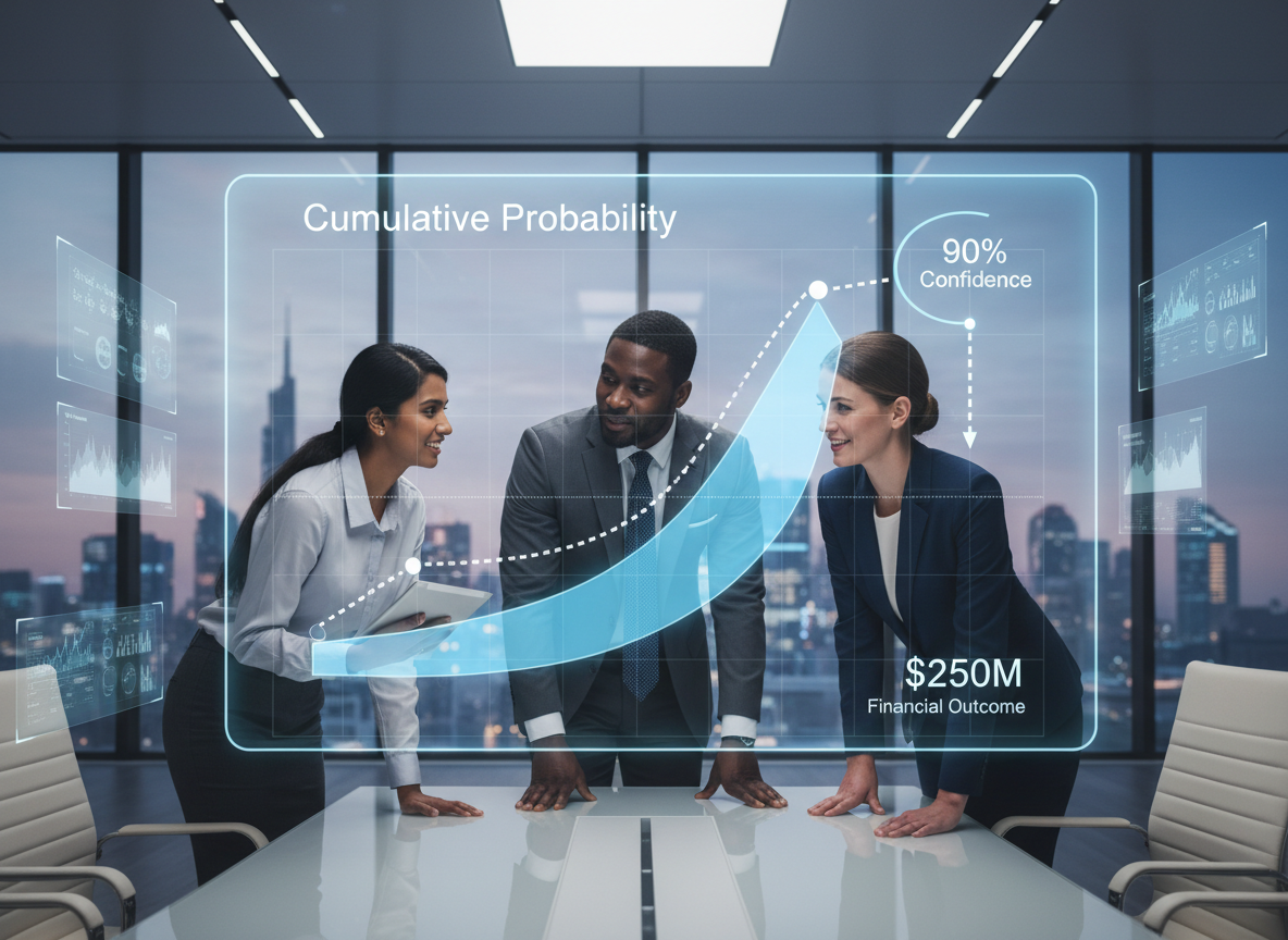 Professionals reviewing cumulative probability S-curve on a large transparent screen showing 90% confidence interval for infrastructure project NPV — quantitative decision making operations research