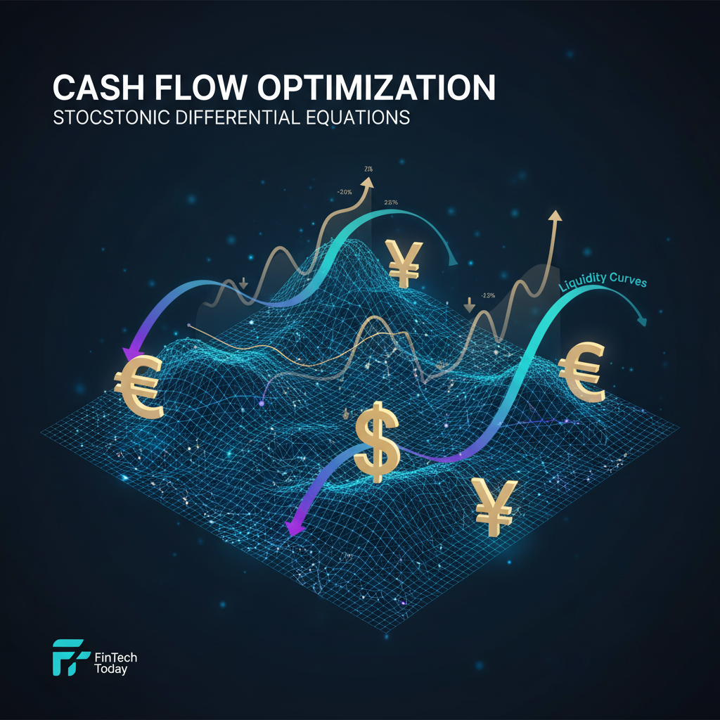 Stochastic differential equation 3D surface plot showing cash flow optimization solutions with corporate finance elements — quantitative strategy visualization for operations research and financial mathematics modeling.