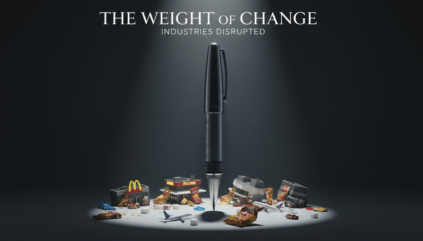 Industry disruption by Ozempic weight loss pen showing GLP-1 drug impact on fast food sugar aviation and snack industries global market