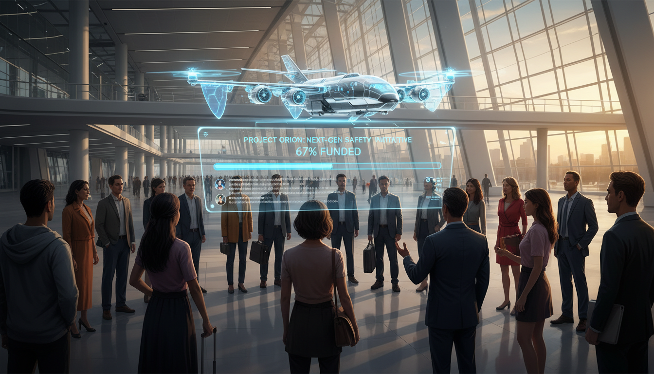 Passengers crowdfunding aviation safety technology with a digital display showing crowdfunding progress — passenger crowdfunding aviation, aviation safety innovation, disruptive aerospace technology funding
