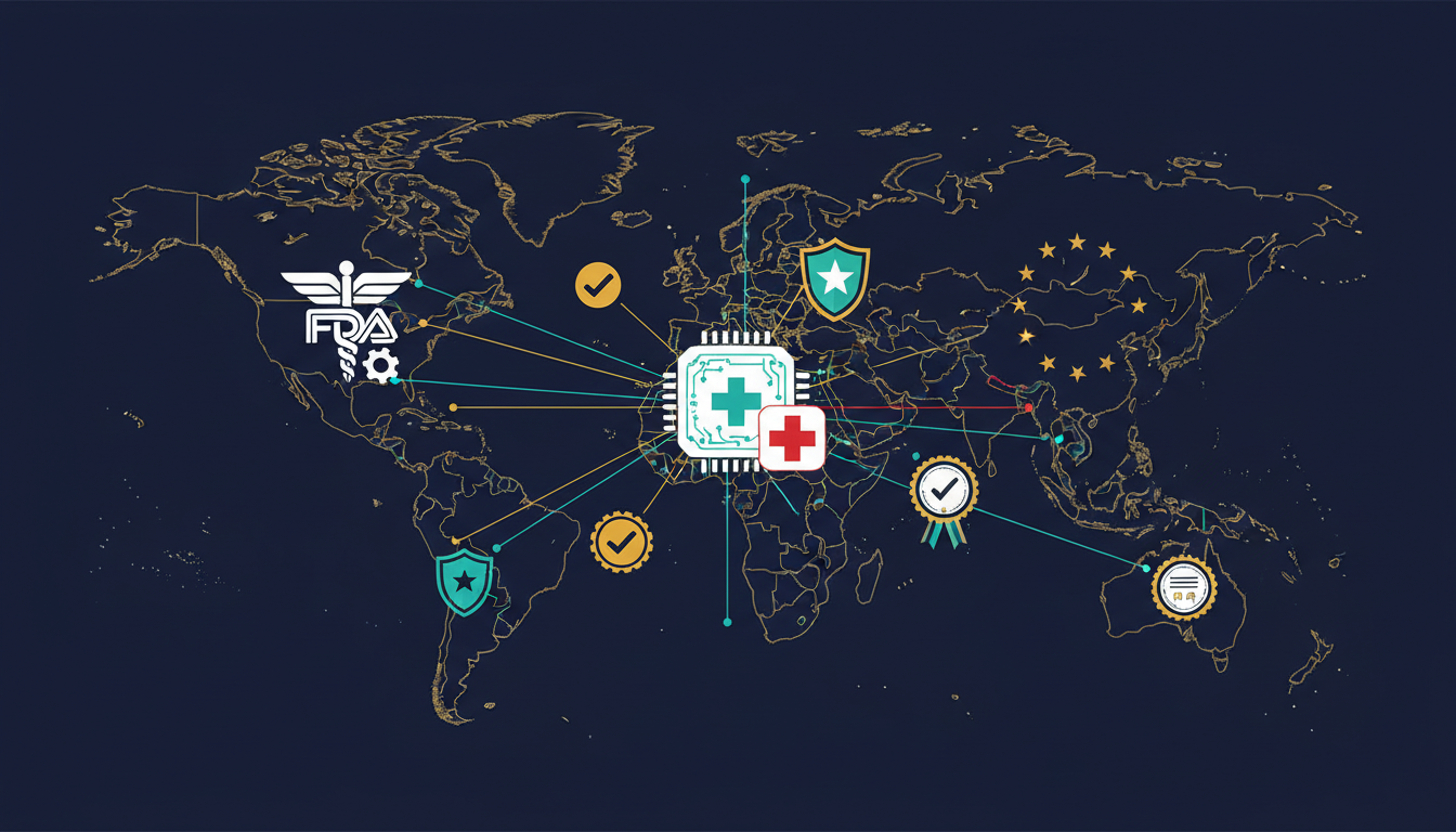 Global regulatory compliance map for AI medical devices showing FDA and EU AI Act frameworks with certification badges and compliance checkmarks for clinical AI diagnostic systems regulation