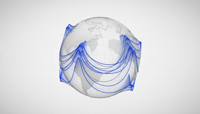 3D glass globe visualization showing Stochastic Demand Forecasting probability density waves radiating from global logistics hubs for supply chain optimization and operations research analysis