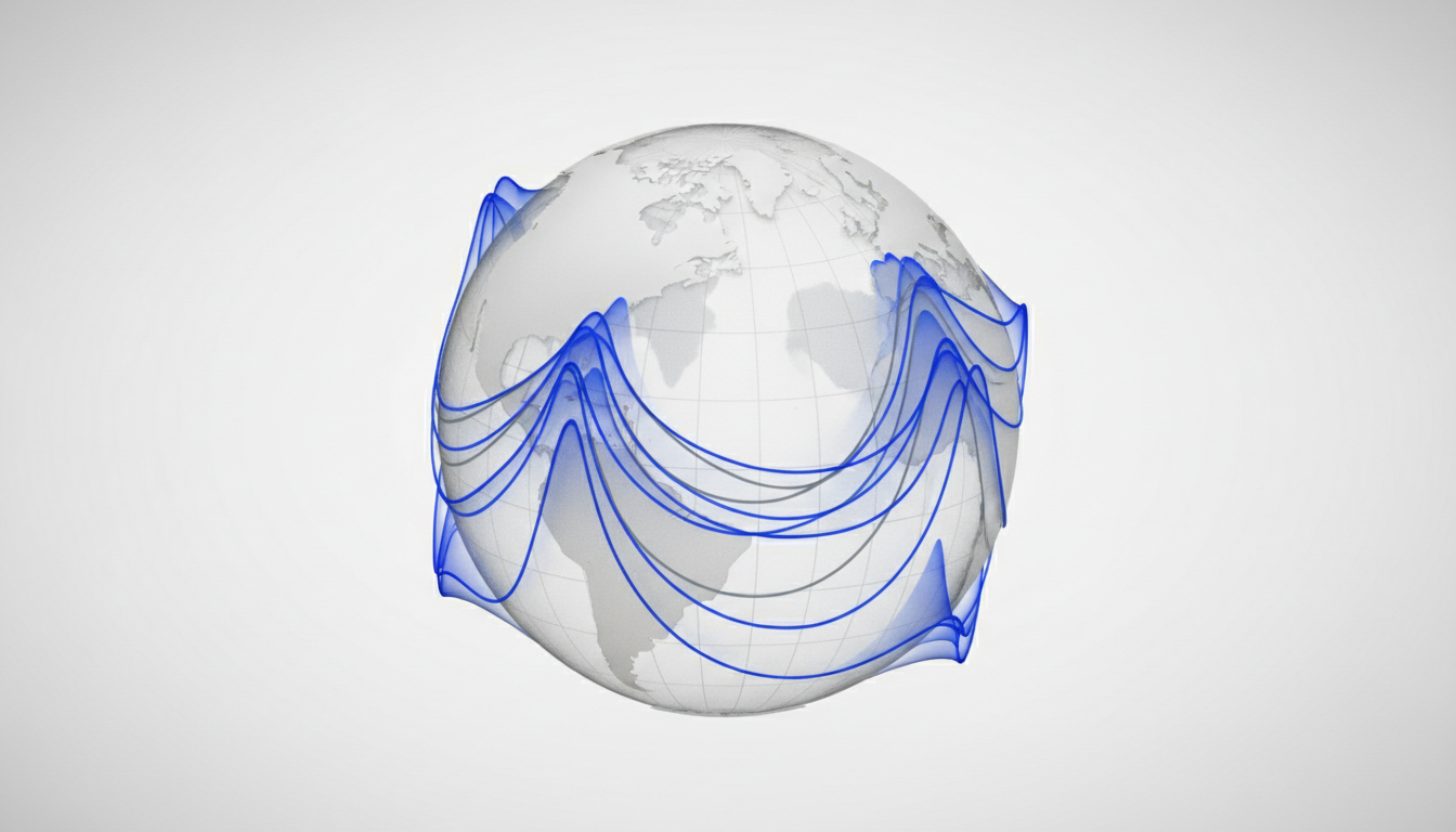 3D data visualization showing Stochastic Demand Forecasting probability waves over a global logistics network map for supply chain optimization and operations research quantitative analysis