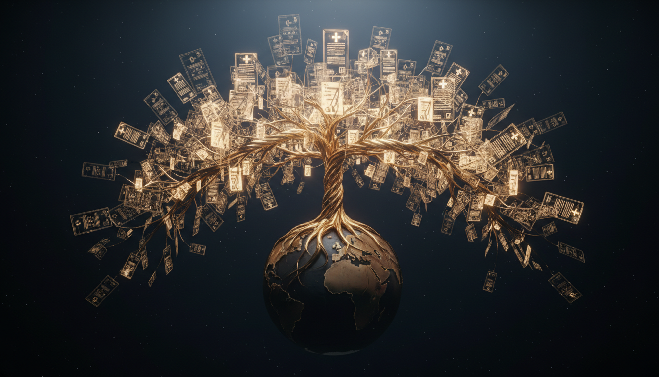 3D abstract visualization of Michael Jackson's secret philanthropy and global charitable reach through anonymous donations to hospitals and children's organizations