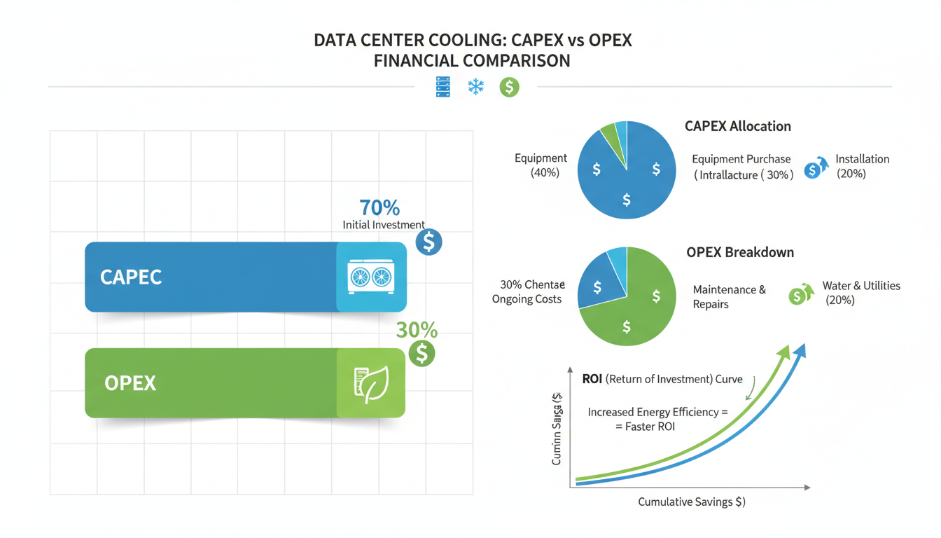 CAPEX versus OPEX financial analysis chart for data center liquid cooling systems showing ROI curves, energy savings, and investment payback period — data center cost-benefit analysis, CAPEX OPEX cooling infrastructure