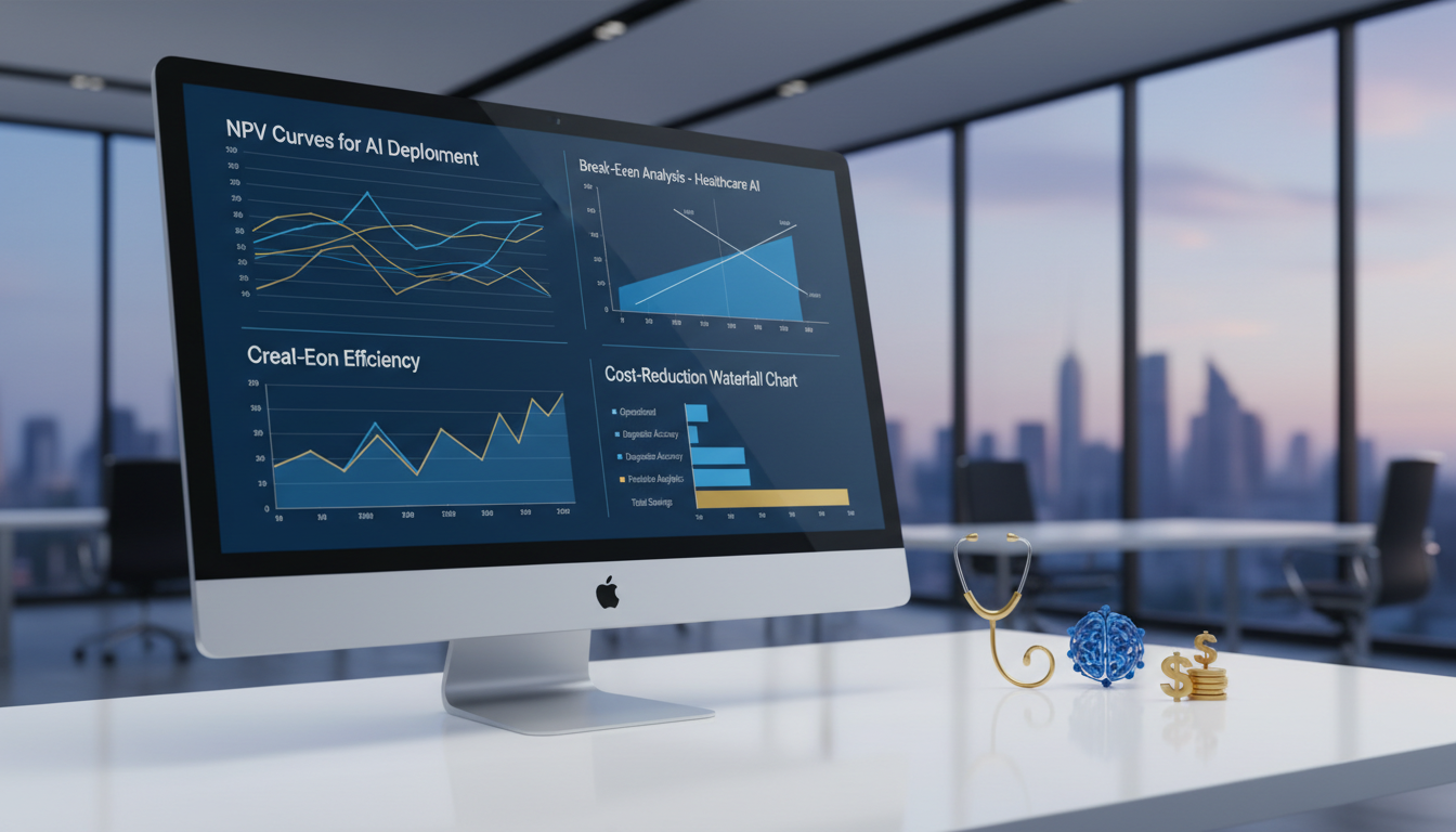 Financial modeling dashboard for healthcare AI investment showing NPV curves, break-even analysis, and cost-reduction waterfall charts for hospital AI diagnostic automation ROI