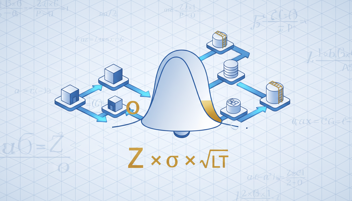 Safety stock formula visualization with normal distribution bell curve, Z-score service level factor, and standard deviation of demand during lead time for optimal inventory calculation in supply chain operations research