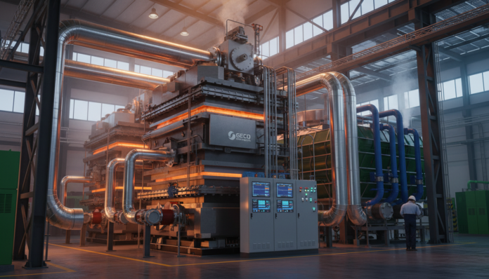A modern industrial waste heat recovery installation captures thermal energy from process exhaust streams, converting otherwise lost heat into productive power.
