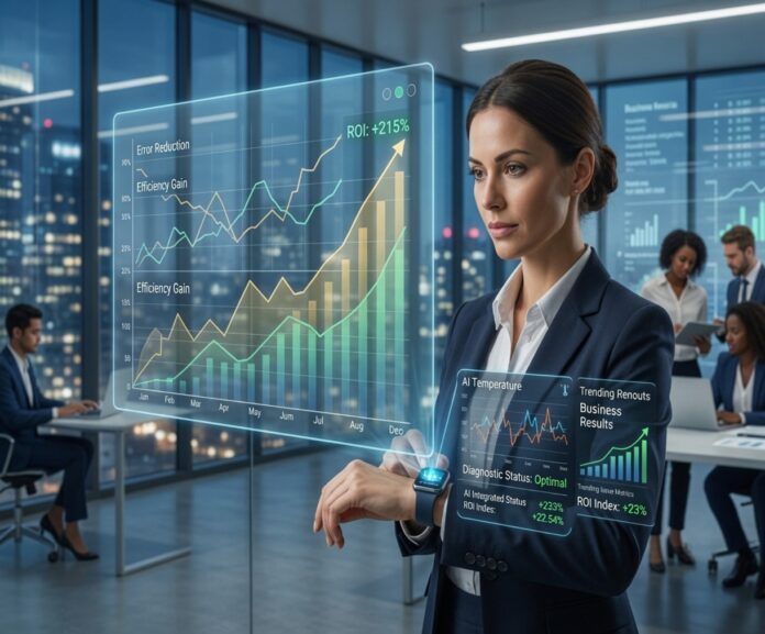 A professional high-rise corporate office at night where a businesswoman interacts with advanced AI data. Her smart watch (with unique university-developed thermal material mesh) displays predictive health status for 'AI Temp' and 'Hydration' in optimal range. Behind her, a complex holographic data interface Projects graphs for 'AI Automated Diagnostics Optimization' and 'Predictive Operational Efficiency Gains', with a prominent 'PROJECTED ROI +215%' trending upwards. Diverse colleagues work in the background. High-tech, clean, detailed, and optimized for image SEO for AI enterprise automation