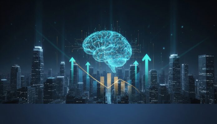 AI infrastructure cost reduction strategy — luminous artificial intelligence hologram over smart cityscape with descending cost graphs and ascending efficiency arrows representing strategic tech integration and digital transformation ROI
