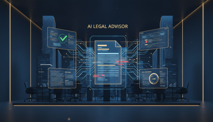 AI-powered corporate due diligence automation system analyzing legal documents with holographic interface showing compliance metrics and contract analysis — automating due diligence AI enterprise legal technology