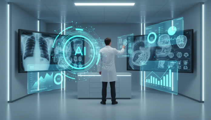 AI diagnostic automation system displaying ROI analytics on holographic screens inside a modern clinical radiology environment — HealthTech financial modeling for enterprise AI systems
