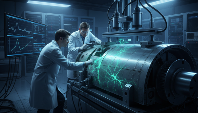 Aerospace engineers performing material fatigue testing on aging aircraft fuselage panel in laboratory — aviation safety compliance inspection for structural integrity and airworthiness certification
