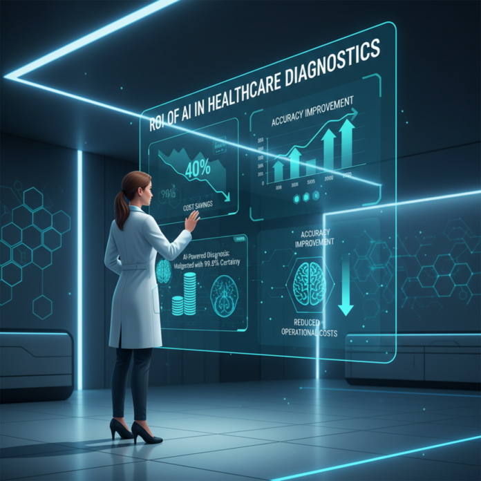 An AI-powered diagnostic interface displays real-time ROI metrics alongside clinical imaging analysis, illustrating how financial modeling integrates with diagnostic automation in modern hospitals