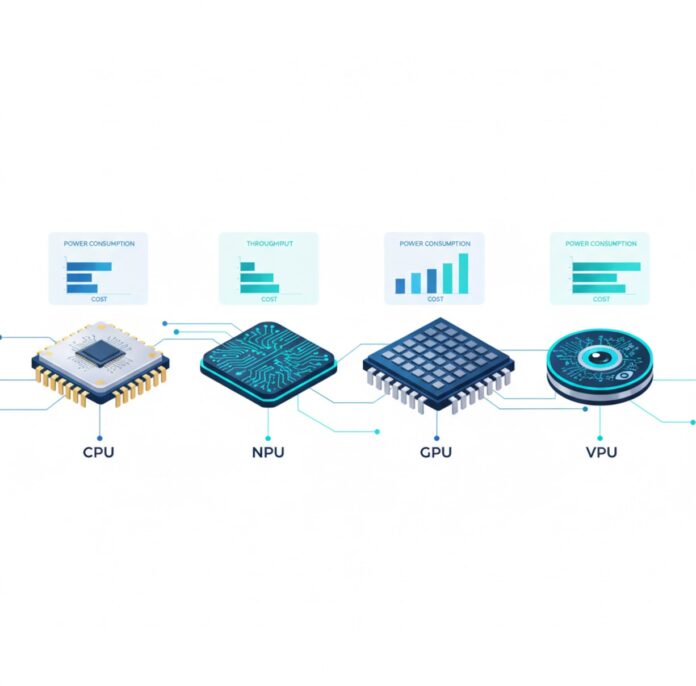 Enterprise AI chip comparison — CPU, NPU, GPU, and VPU processors displayed with holographic performance metrics for machine learning infrastructure evaluation, illustrating power consumption, throughput, and cost analysis for in-house ML pipelines