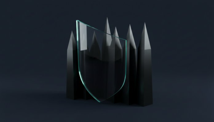 Conceptual 3D shield representing D&O Liability Insurance protocols and corporate risk management for executive protection in high-volatility markets