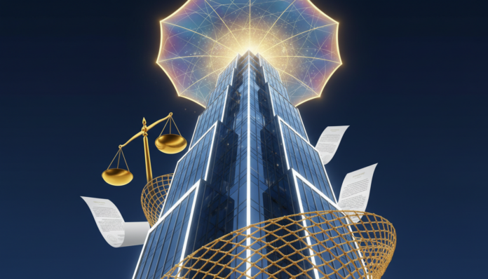 Corporate civil liability insurance risk management concept — modern skyscraper protected by a shield symbolizing high-value corporate insurance coverage, legal scales and safety net representing risk mitigation