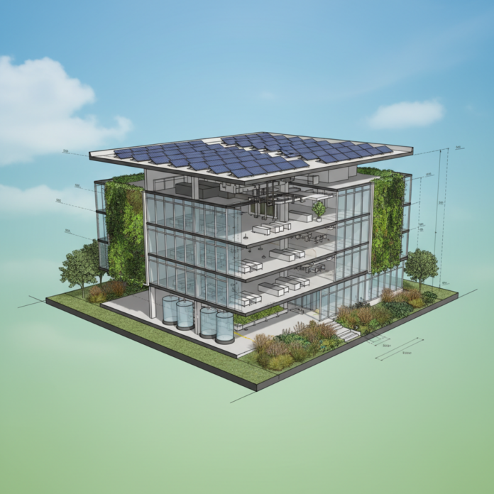 Cross-section of a LEED-certified commercial building revealing integrated sustainable systems — from solar harvesting to smart HVAC — that generate verifiable financial returns.