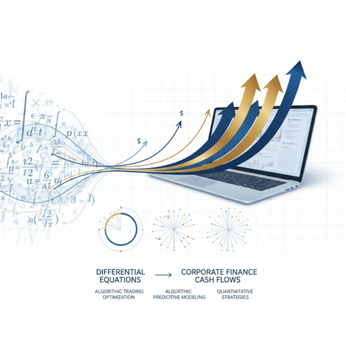 Differential equations and algorithmic models visualized on a corporate finance dashboard showing cash flow optimization curves, quantitative strategy graphs, and operations research data — advanced financial mathematics for modern CFOs and engineers.