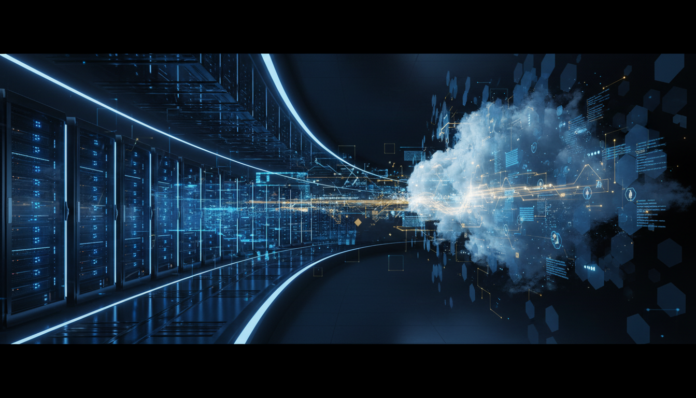 Enterprise AI infrastructure cost comparison — local LLM server racks and cloud API connections in a futuristic hybrid data center for AI deployment strategy and cost optimization analysis