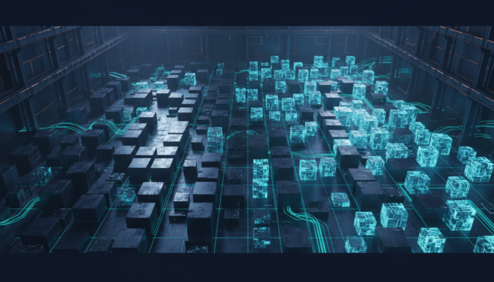 Futuristic industrial warehouse with algorithmic inventory sizing optimization showing transition from legacy stock to AI-driven data containers for Tier-1 supply chain efficiency