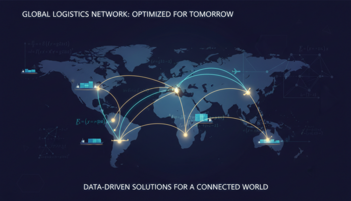 Global logistics routing network with mathematical optimization overlays showing operations research applied to high-value supply chain nodes and distribution pathways across continents — operations research, mathematical optimization, global routing networks, quantitative strategy, logistics optimization