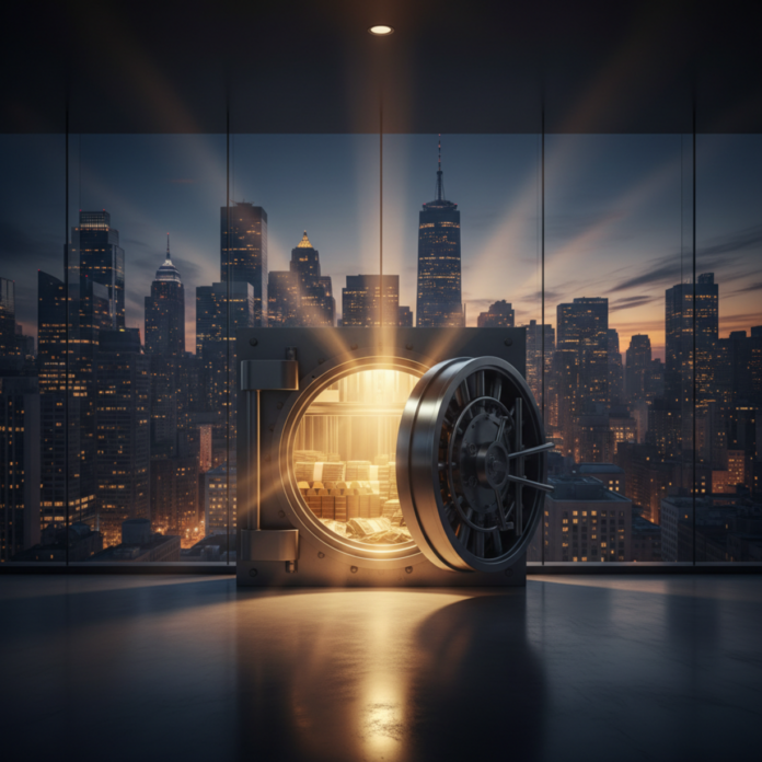 A massive vault door opening to golden light with a city skyline at dusk, symbolizing irrevocable trust asset protection for ultra-high-net-worth families