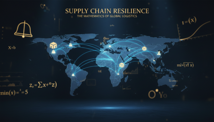 Mathematics of supply chain resilience — global network visualization with safety stock formulas, statistical bell curves, and optimal inventory optimization equations for quantitative operations research strategy