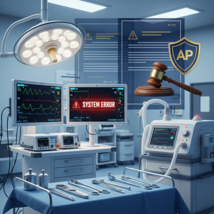 Medical equipment failure in hospital operating room showing warning alerts on monitors alongside legal documents and asset protection symbols — illustrating the intersection of medical malpractice litigation and insurance liability in healthcare corporate law