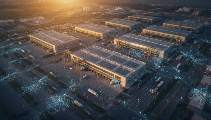 Operations research optimization network overlaying a modern logistics hub at golden hour — operational efficiency, applied mathematics, and reverse logistics concept for business and finance