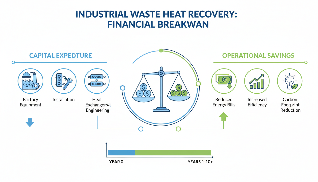 CAPEX vs OPEX financial analysis infographic for industrial waste heat recovery systems showing capital expenditure breakdown and operational savings — energy economics ROI