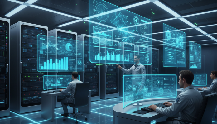 Hybrid CPU GPU infrastructure for enterprise predictive AI deployment with engineers monitoring automation dashboards and performance optimization metrics in modern data center