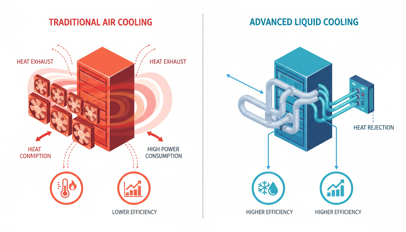 Comparison infographic of traditional air cooling versus advanced liquid cooling in data centers showing thermal gradients, energy flow, and efficiency metrics — data center energy efficiency, PUE optimization, liquid cooling systems