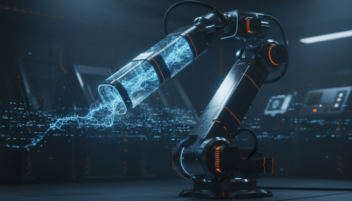 AI-driven Predictive Maintenance visualization showing a robotic arm with blue data streams in a smart factory environment