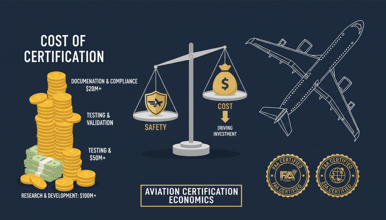 Infographic showing the balance between aerospace certification costs and aviation safety standards — FAA EASA certification economics, aircraft safety investment, aviation rescue capsule cost analysis
