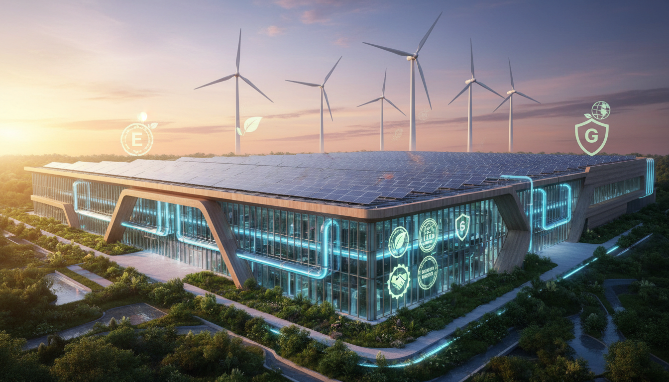 Sustainable green data center facility with solar panels, wind turbines, and visible liquid cooling infrastructure surrounded by vegetation — ESG data center, green tech infrastructure, sustainable cooling, environmental compliance