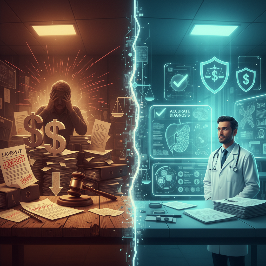 Legal and financial comparison of medical diagnostic errors versus AI-assisted clinical accuracy showing malpractice litigation costs reduction through healthcare AI diagnostic automation