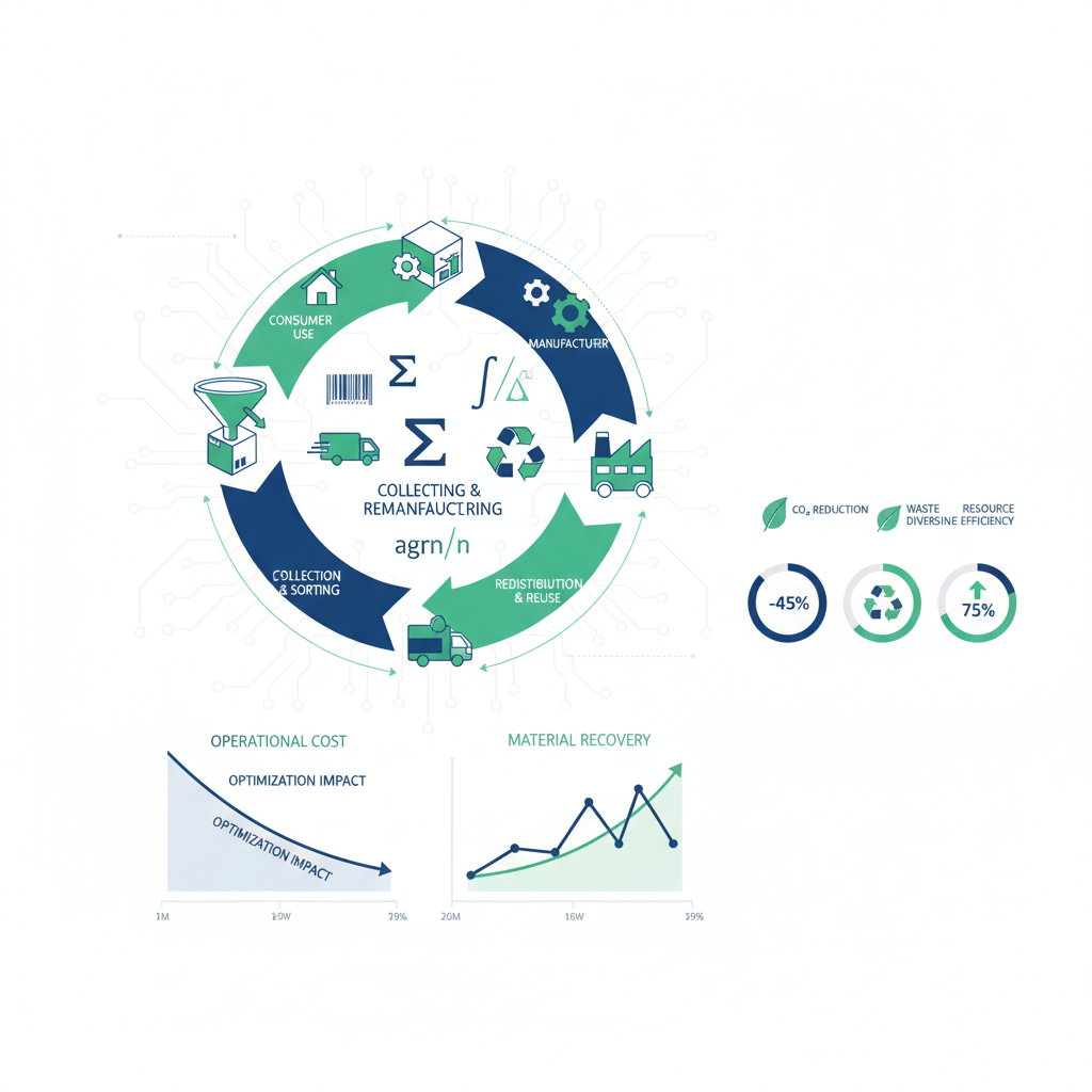 Reverse logistics circular economy optimization diagram showing product return flows, recycling stages, and mathematical cost-reduction modeling for efficient resource recovery and sustainable supply chain management