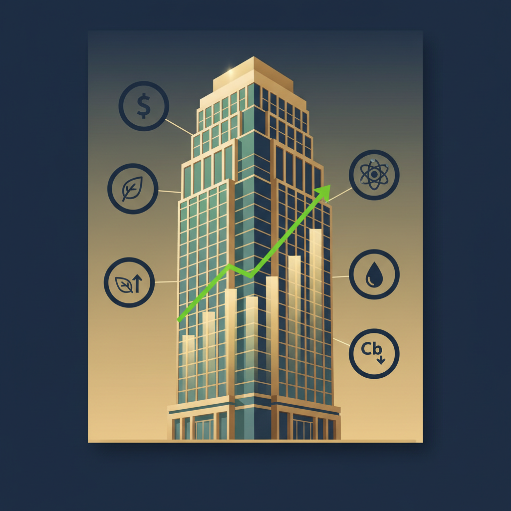 Financial ROI dashboard infographic showing LEED certification returns including energy savings, rent premiums, property value increases, and ESG performance metrics for commercial real estate OPEX analysis