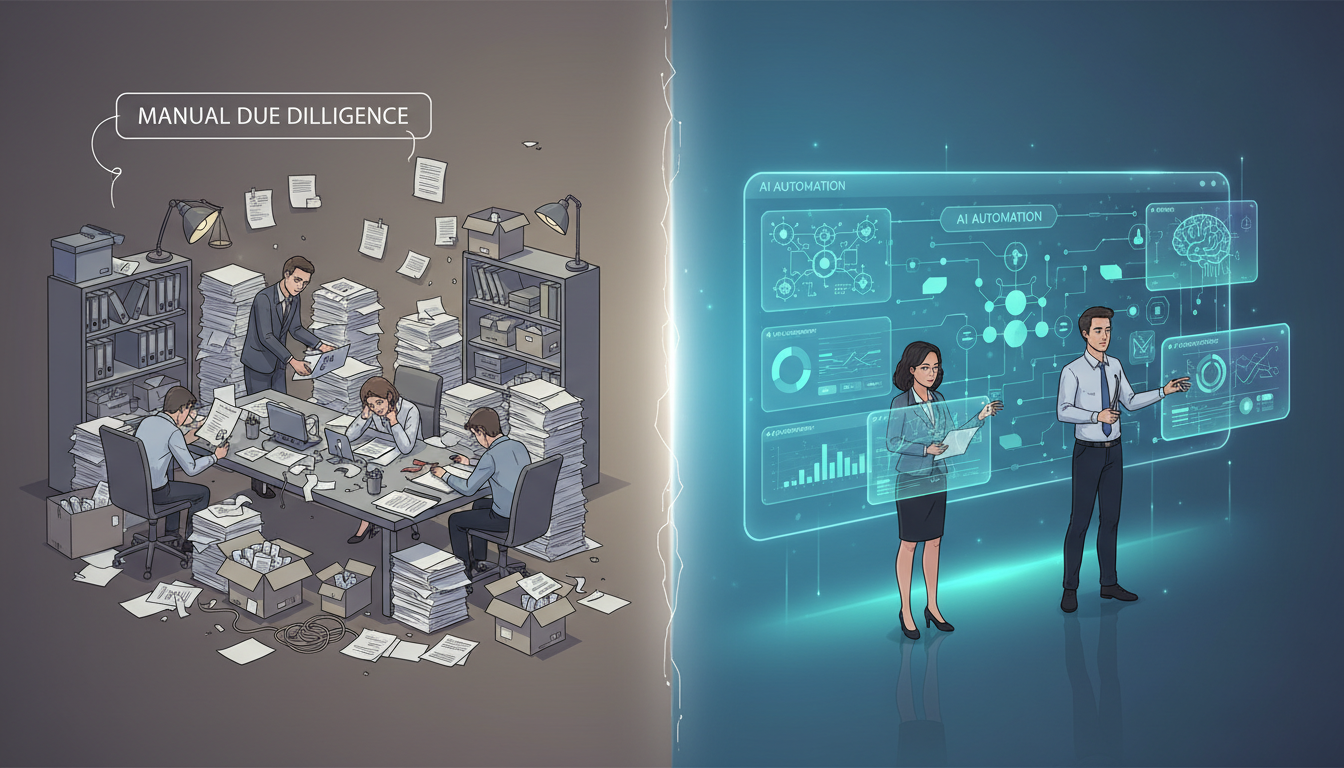 Comparison visualization showing traditional manual legal due diligence with paper documents versus modern AI-automated due diligence with digital dashboards — automating corporate due diligence AI cost reduction enterprise legal technology